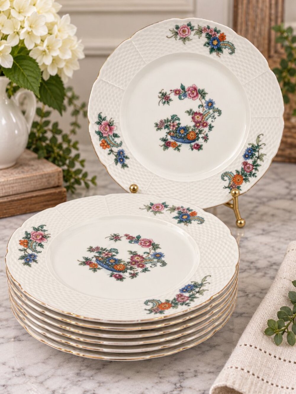 8x THUN 10" Czechoslovakia Floral Porcelain Dinner Plates Set Basket-Weave